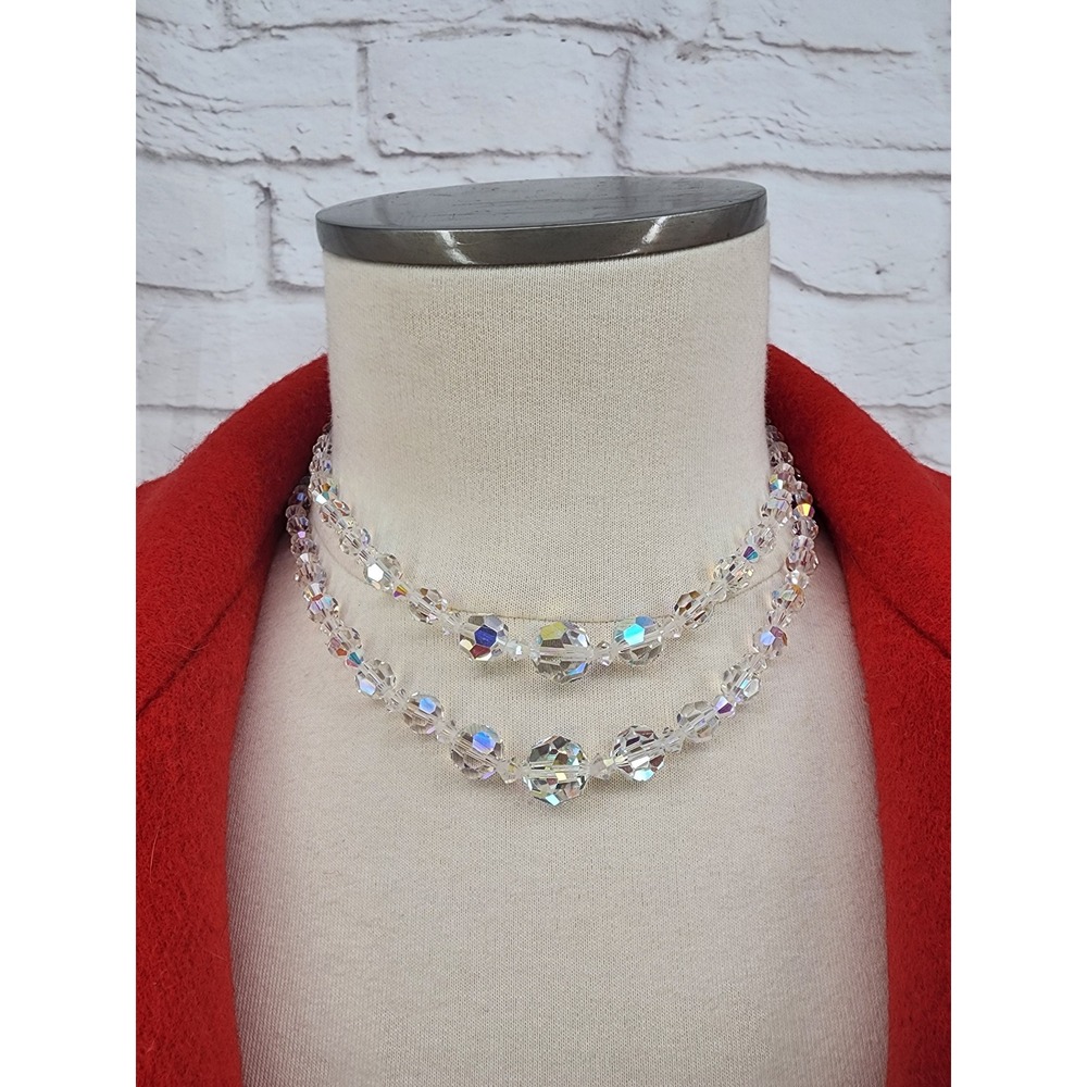 Vintage Aurora Borealis Double Strand Glass Bead Necklace Rhinestone Glamorous